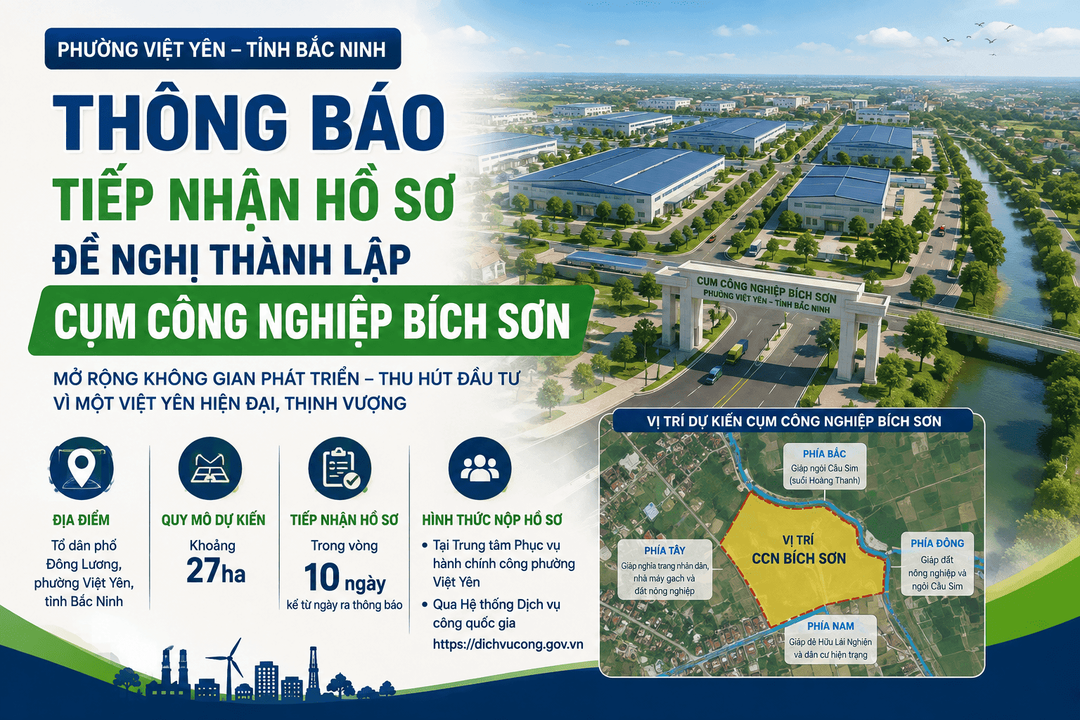 Phường Việt Yên thông báo tiếp nhận hồ sơ đề nghị thành lập Cụm công nghiệp Bích Sơn